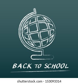 Chalk world ball icon. Back to school. Green board. Vector illustration, flat design
