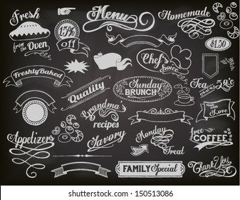 Chalkboard Ads, including banners, frames, labels, swirls and advertisements for restaurant, coffee shop and bakery