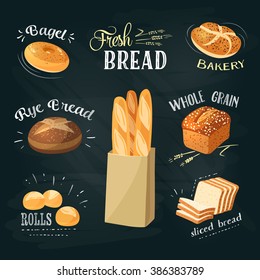 Chalkboard ADs set: bagel, ciabatta, whole grain bread, french baguette, croissant and so. Stylish bakery goods template. Vector illustration.