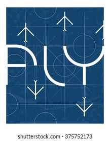 Chalkboard with airplanes and text FLY. Technical drawing