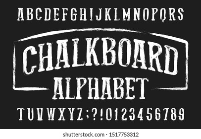 Chalkboard alphabet font. Hand drawn condensed messy letters and numbers. Stock vector typeface.