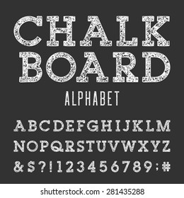 Chalkboard Alphabet Vector Font.
Type letters, numbers and punctuation marks.
Distressed chalk vector font on the dark background.