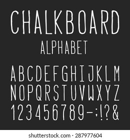 Chalkboard Alphabet Vector Font.
Type letters, numbers and punctuation marks. Distressed chalk vector font on the dark background. Hand drawn letters.