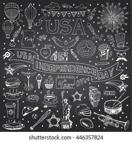 Chalkboard with American Independence Day themed in the doodle style. National symbols of Fourth of July.