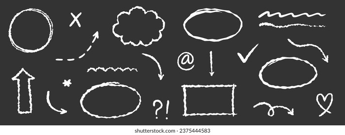 Chalkboard arrow, underline element vector set. Hand drawn sketch style arrow, oval and rectangle frame, underline on blackboard. Doodle grunge element set. Vector illustration.