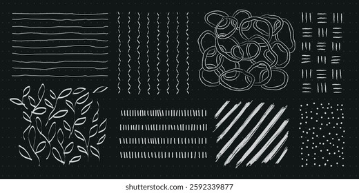 Chalkboard art with abstract patterns. Features lines, loops, leaves, and dots. Black and white design with creative, artistic chalkboard elements. Doodle element isolated vector set.