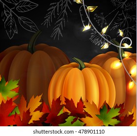 Chalkboard with autumn leaves and pumpkins