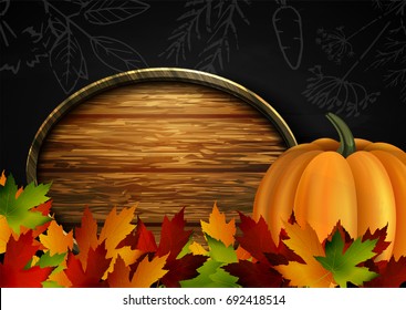 Chalkboard with autumn leaves and pumpkins