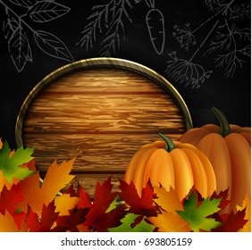 Chalkboard with autumn leaves and pumpkins