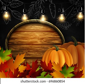 Chalkboard with autumn leaves and pumpkins