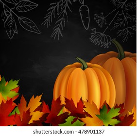 Chalkboard with autumn leaves and two pumpkins