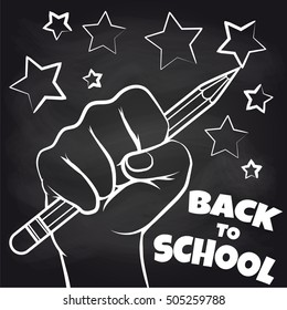 Chalkboard back to scool sketch with hand and pencil. Vector illustration
