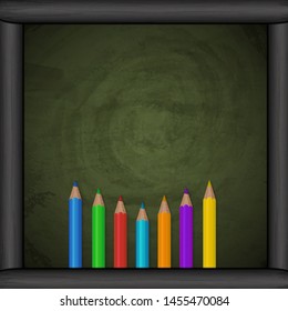 Chalkboard background with colorful pencils. Vector illustration