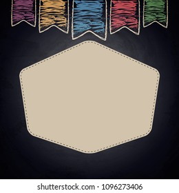 Chalkboard background with drawing bunting decor and empty banner. Vector illustration