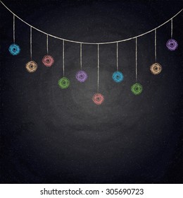 Chalkboard background with drawing bunting decor. Vector texture EPS10