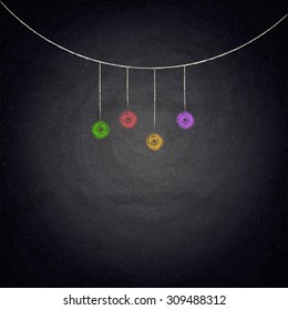 Chalkboard background with drawing bunting decor. Vector texture EPS10