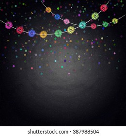 Chalkboard background with drawing bunting decor. Vector illustration