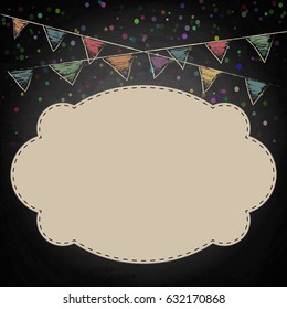 Chalkboard background with drawing bunting decor and empty banner. Vector illustration