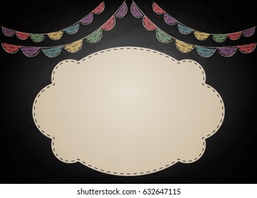 Chalkboard background with drawing bunting decor and empty banner. Vector illustration