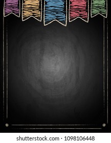 Chalkboard background with drawing bunting flags. Vector illustration