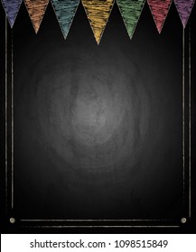 Chalkboard background with drawing bunting flags. Vector illustration