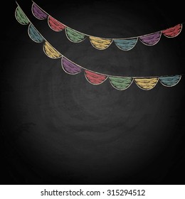 Chalkboard background with drawing bunting flags. Vector texture EPS10