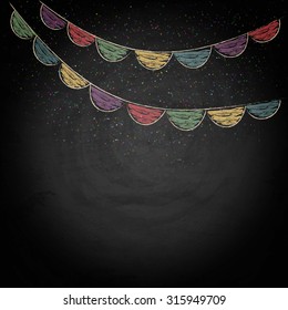 Chalkboard background with drawing bunting flags. Vector texture EPS10