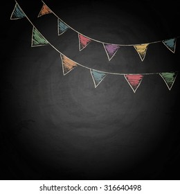 Chalkboard Background With Drawing Bunting Flags. Vector Texture EPS10