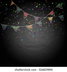 Chalkboard Background With Drawing Bunting Flags. Vector Texture EPS10