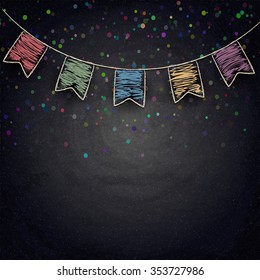 Chalkboard background with drawing bunting flags. Vector texture EPS10