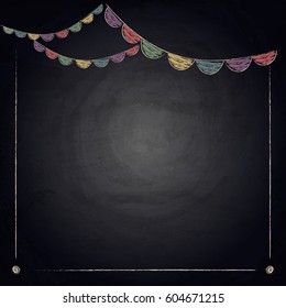 Chalkboard background with drawing bunting flags. Vector illustration