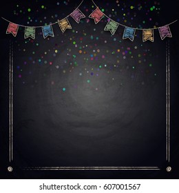 Chalkboard background with drawing bunting flags. Vector illustration