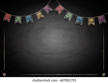 Chalkboard background with drawing bunting flags. Vector illustration