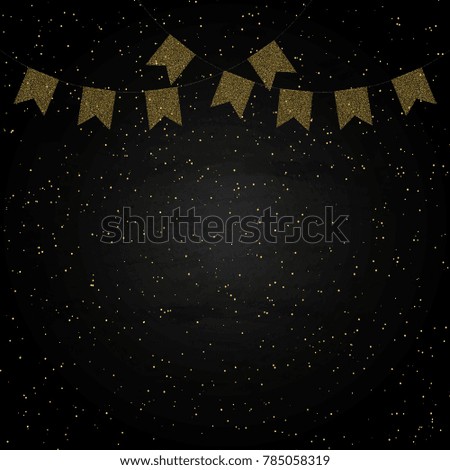 Chalkboard background with golden bunting flags. Vector illustration