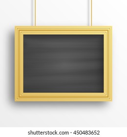 Chalkboard background with golden frame isolated on the white wall. Vector illustration