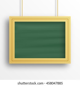 Chalkboard background with golden frame isolated on the white wall. Vector illustration