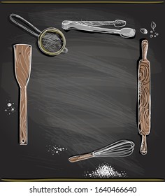 Chalkboard background with kitchen utensils as a frame, empty space for text, vector illustration