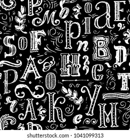 Chalkboard background lettering seamless pattern. Hand drawn illustration. Vintage retro design. Wallpaper cafe, restorant. White chalk, black board.