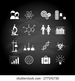 Chalkboard background with science icons. Vector illustration.