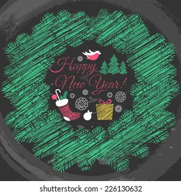 Chalkboard background with a vintage typography sign. Hand Drawn Vector illustration. Christmas fir tree. 