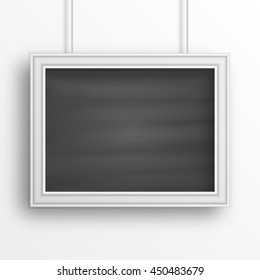 Chalkboard background with white frame isolated on the white wall. Vector illustration