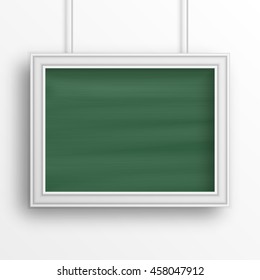 Chalkboard background with white frame isolated on the white wall. Vector illustration
