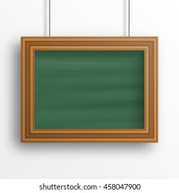 Chalkboard background with wooden frame isolated on the white wall. Vector illustration
