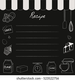  Chalkboard of bakery recipe template decorated with ingredients and cooking set.