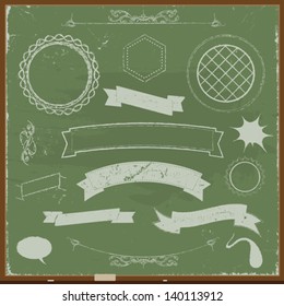 Chalkboard Banners And Design Elements/ Illustration of a set of grunge banners, ribbons and design elements on chalkboard background