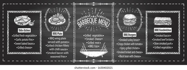 Chalkboard barbecue menu template - steaks, burgers, sandwiches, side dishes etc. Blackboard chalk menu display set for cafe or restaurant