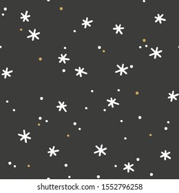 Chalkboard black and white winter snowflake seamless pattern for gift wrapping. Abstract Christmas, New Year snow in night sky design with minimalist symbols and shapes.