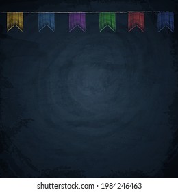 Chalkboard blackboard background for design with hand drawn colorful bunting garland flags
