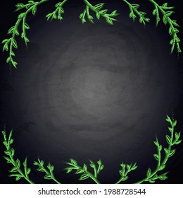 Fondo de pizarra de pizarra para diseño con ramas de plantas dibujadas a mano