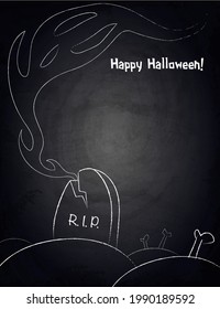 Chalkboard blackboard background for Halloween design with hand drawn creepy ghost and graveyard